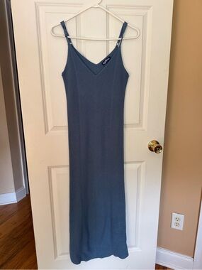 Freshman Dusty Blue Ribbed V-Neck Maxi Slip Dress
